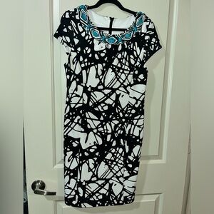 Muse Black and White Abstract Midi Dress with Blue Accents